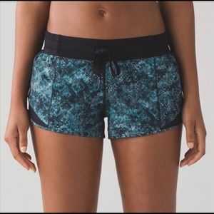 rare blue, white, and black lululemon hotty hot shorts